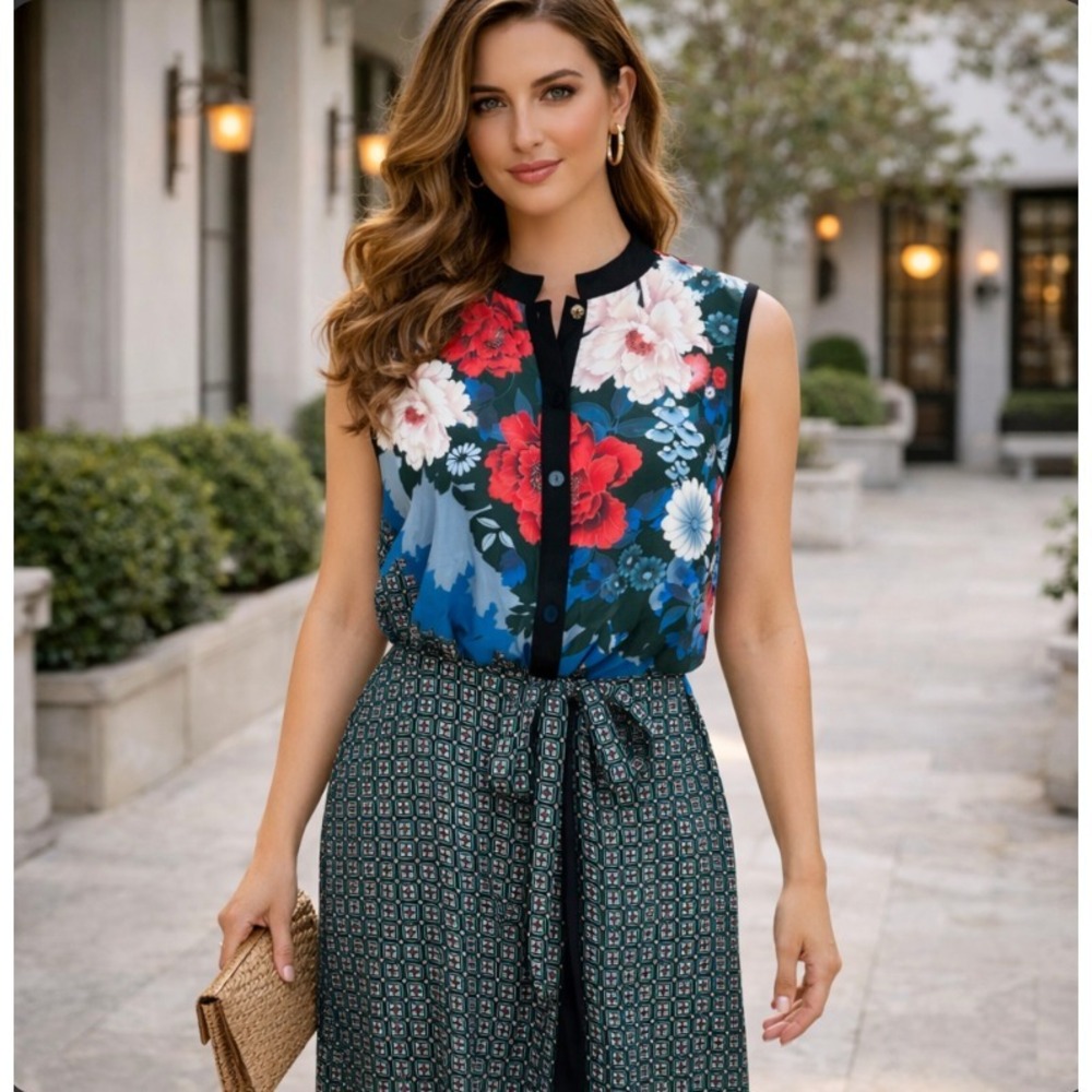 Robert Graham‎ Silk Blouson Dress Medium? Sleeveless Floral Geometric Multicolor